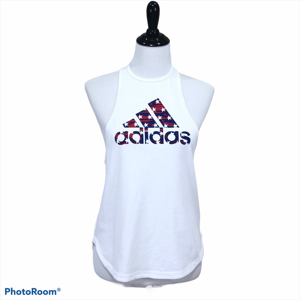Adidas patriotic graphic loose fit white tank top